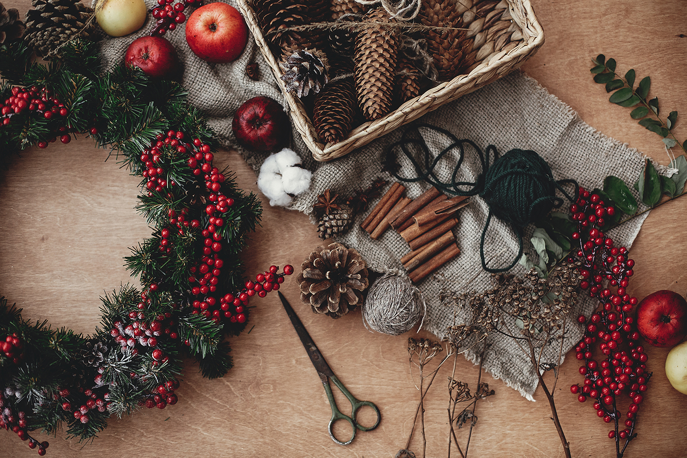 Rustic Holiday Wreath, Flat Lay. Fir Branches With Red Berries